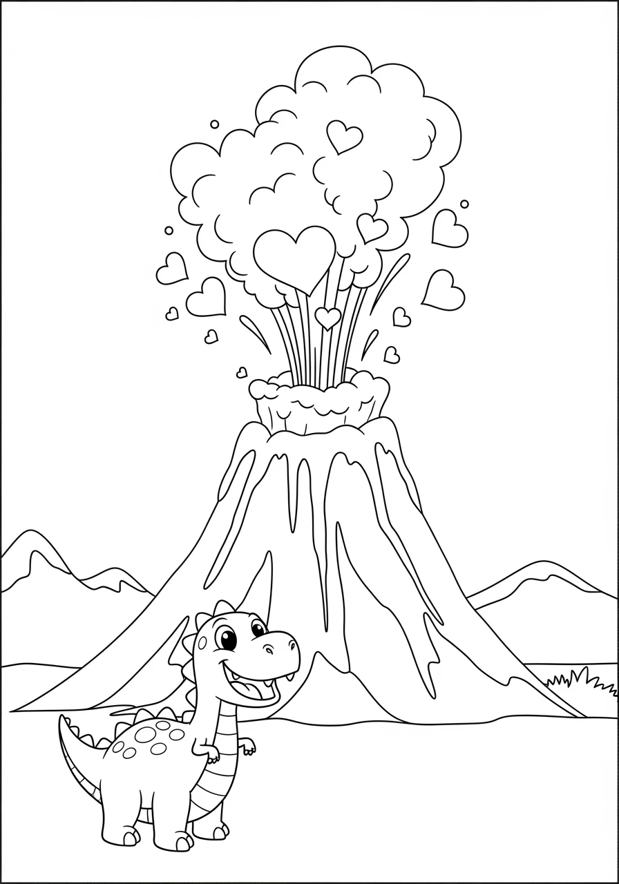 Fröhlicher Dino am Herz-Vulkan