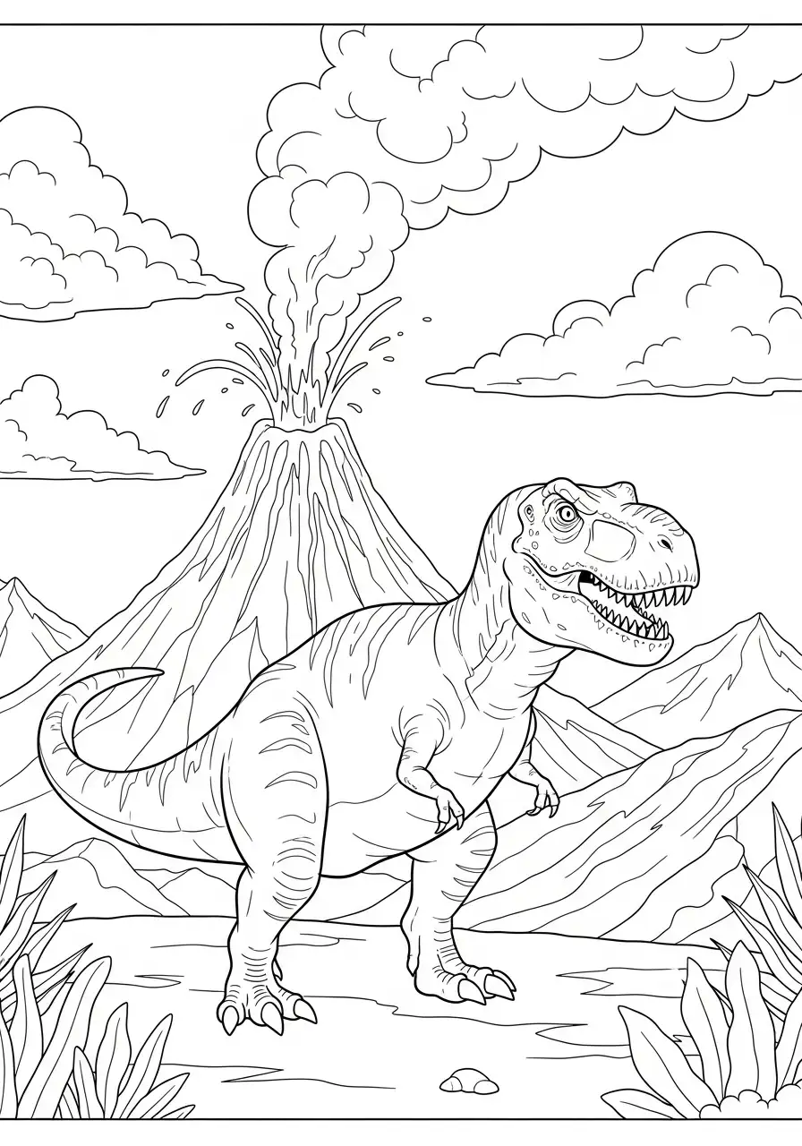 T-Rex vor einem aktiven Vulkan