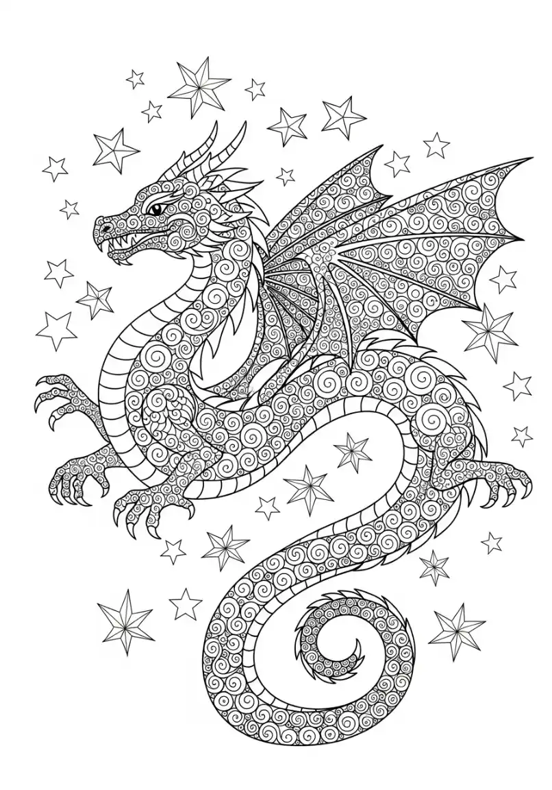 Drache mit Wirbelmustern und Sternen