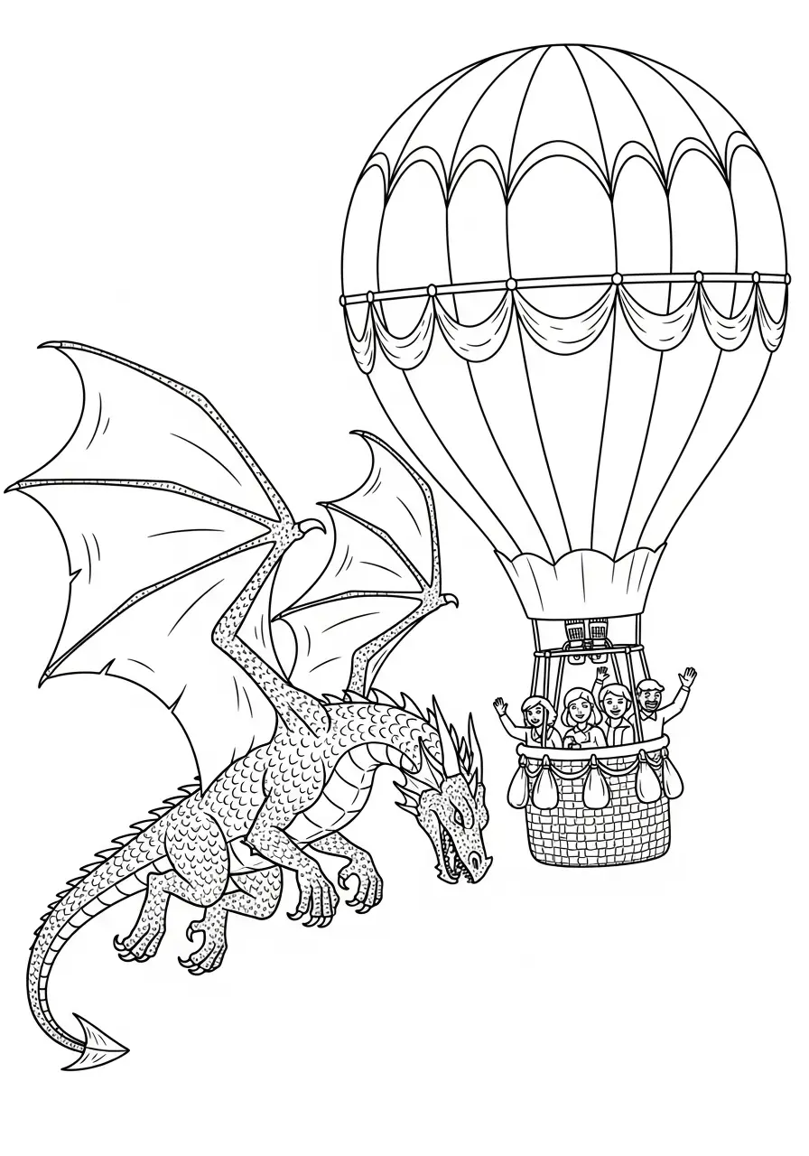 Drache und Heißluftballon am Himmel