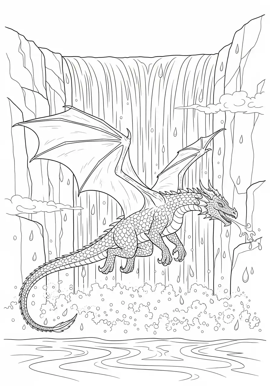 Fliegender Drache am Wasserfall