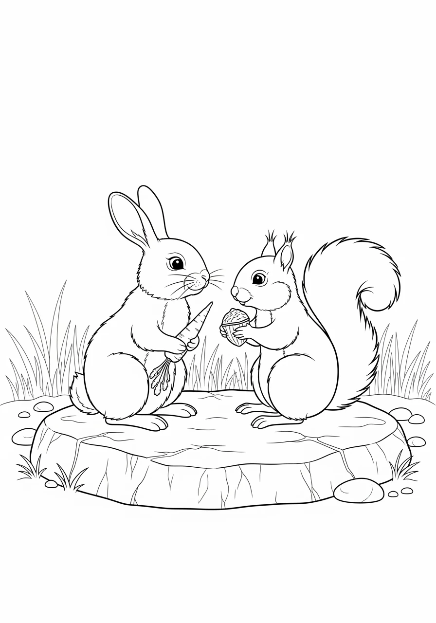 Hase und Eichhörnchen beim Knabbern