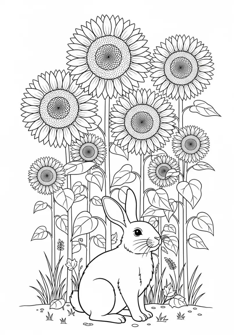 Hase zwischen hohen Sonnenblumen