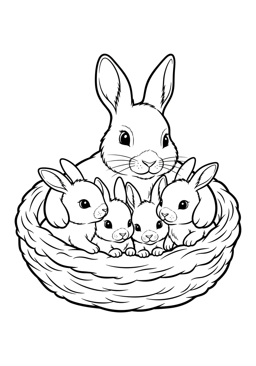 Hasenmutter mit drei kleinen Babys