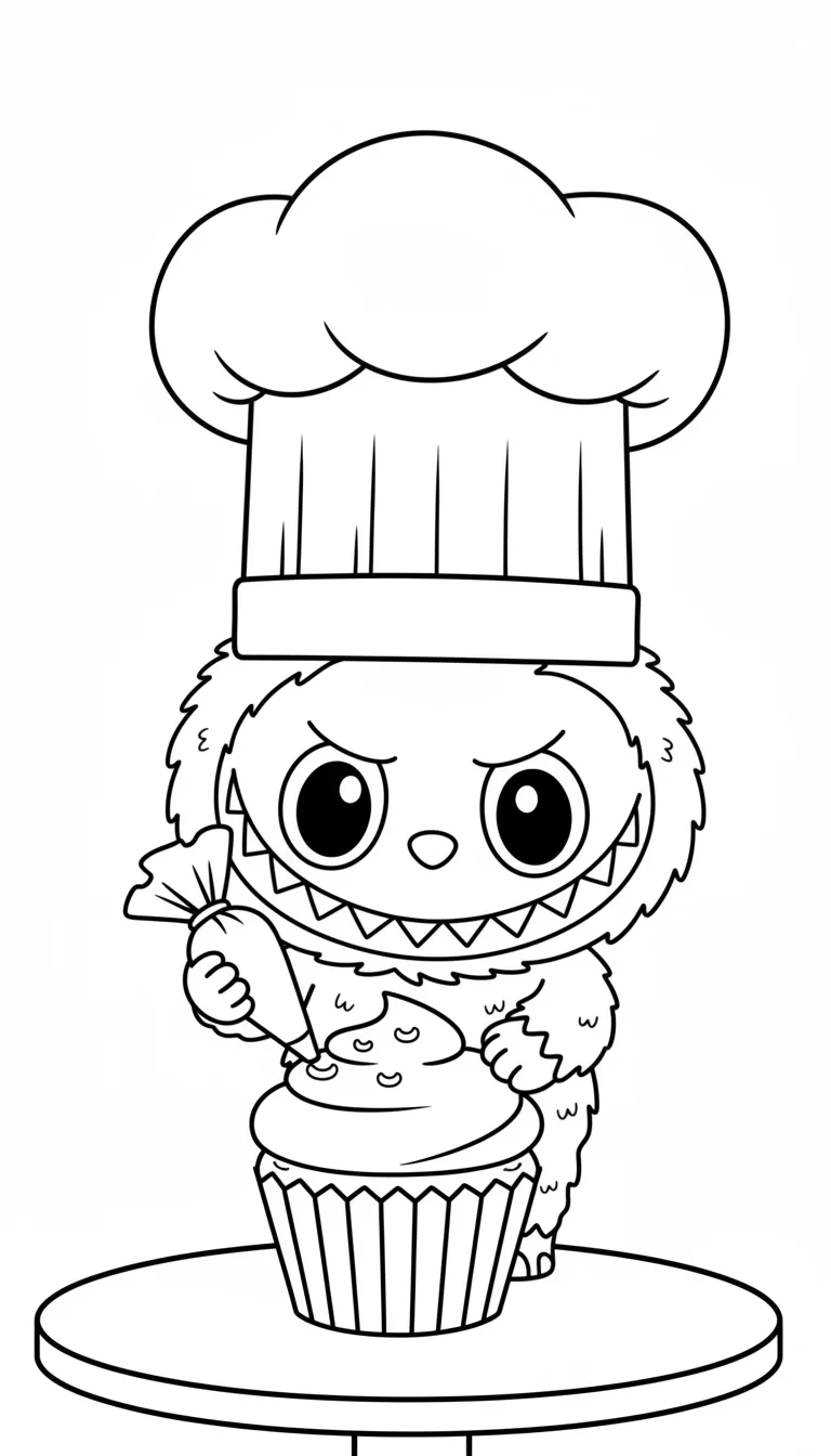 Labubu dekoriert einen Cupcake