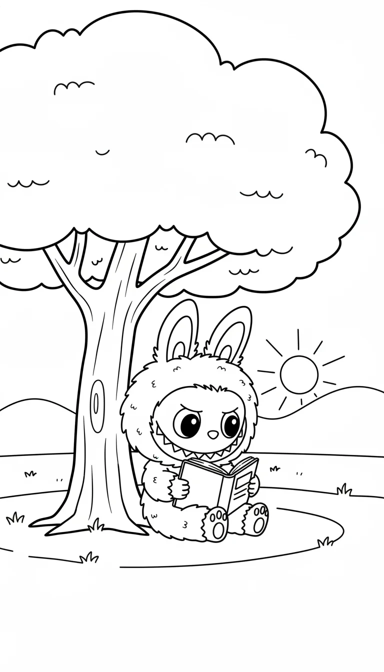 Labubu liest unter einem Baum