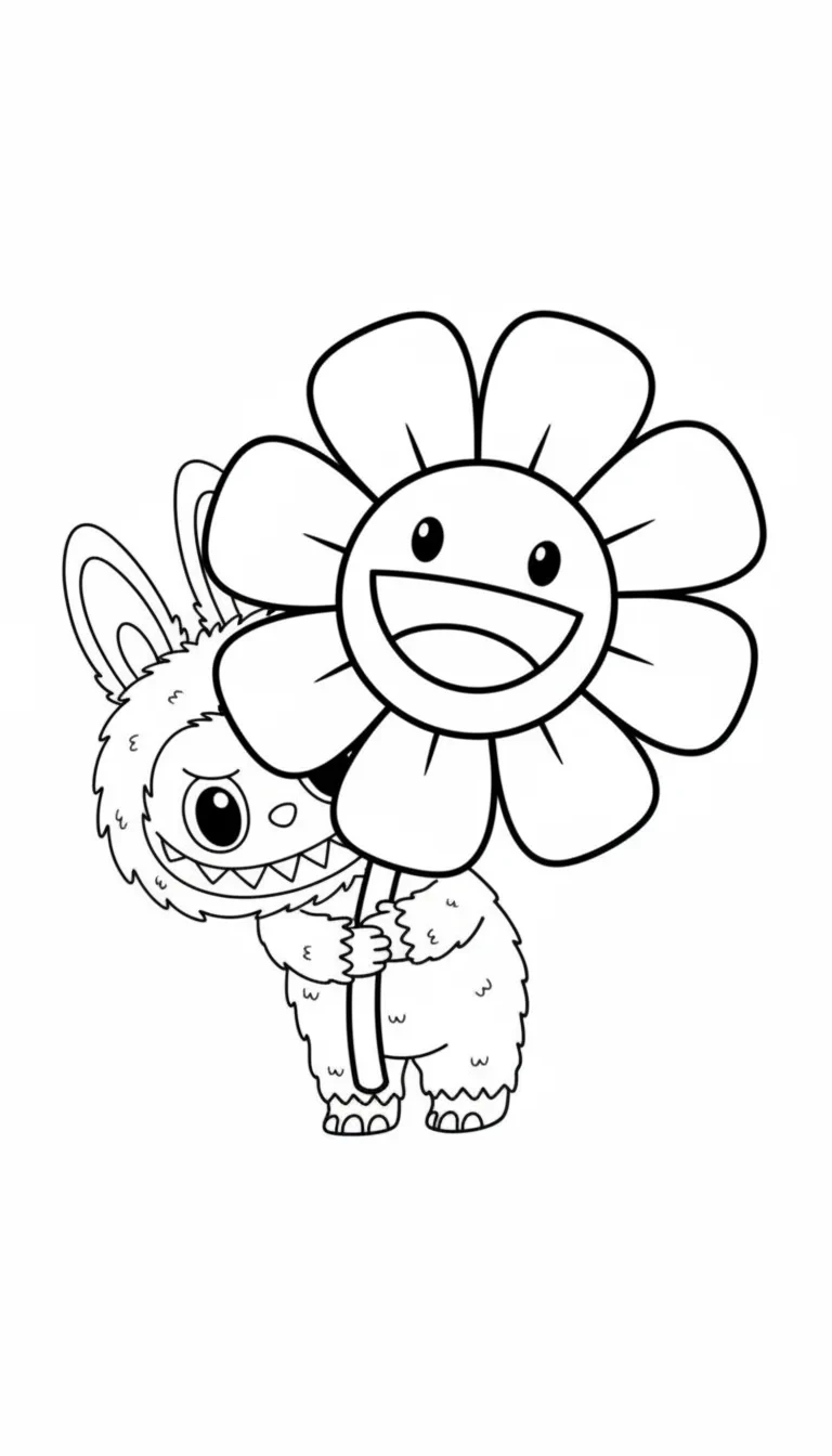 Labubu mit einer riesigen Blume