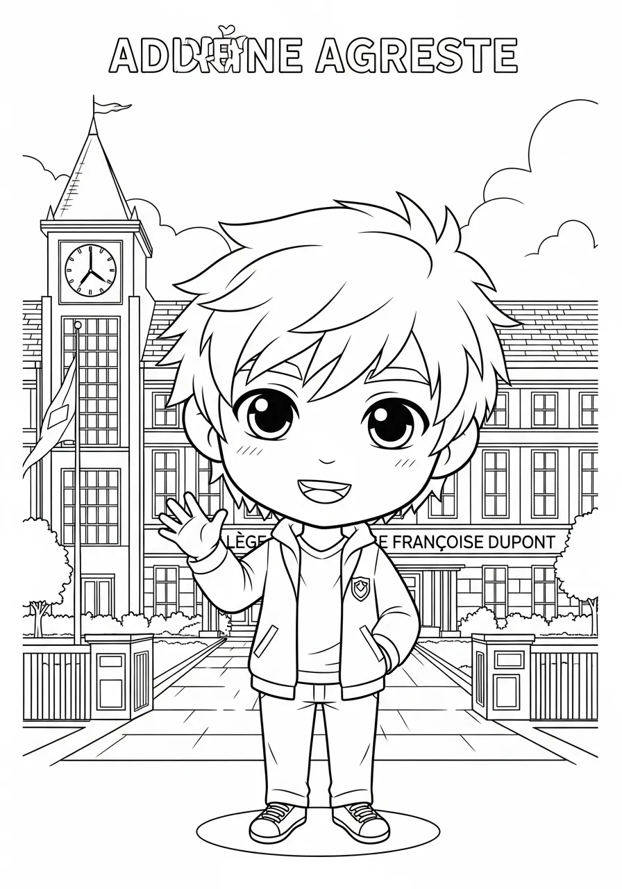 Chibi Adrien winkt vor Schule
