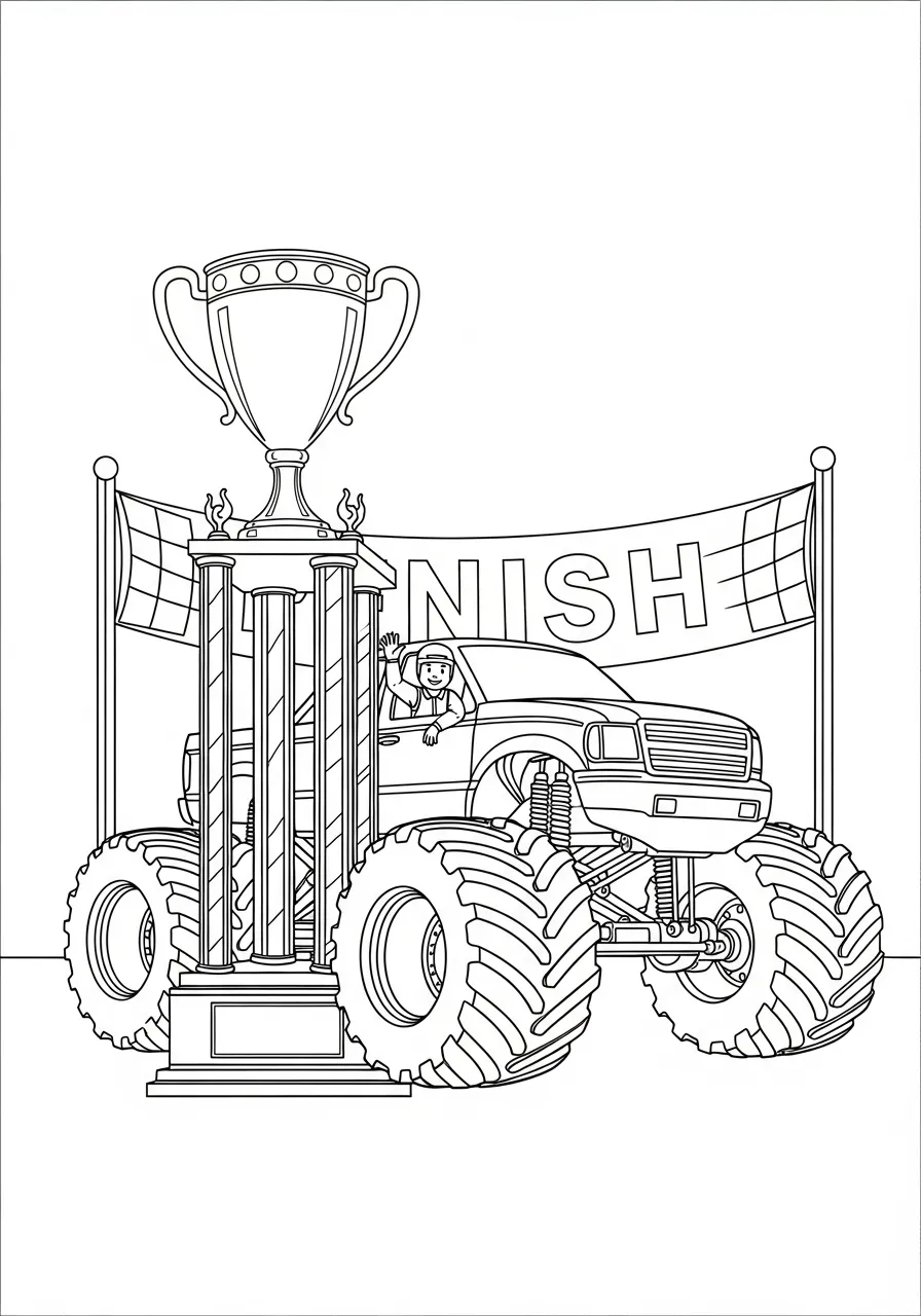 Monstertruck am Ziel mit Pokal