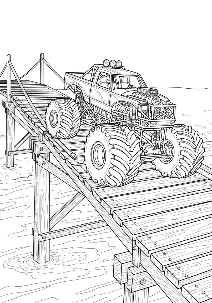 Monstertruck auf schmaler Holzbrücke