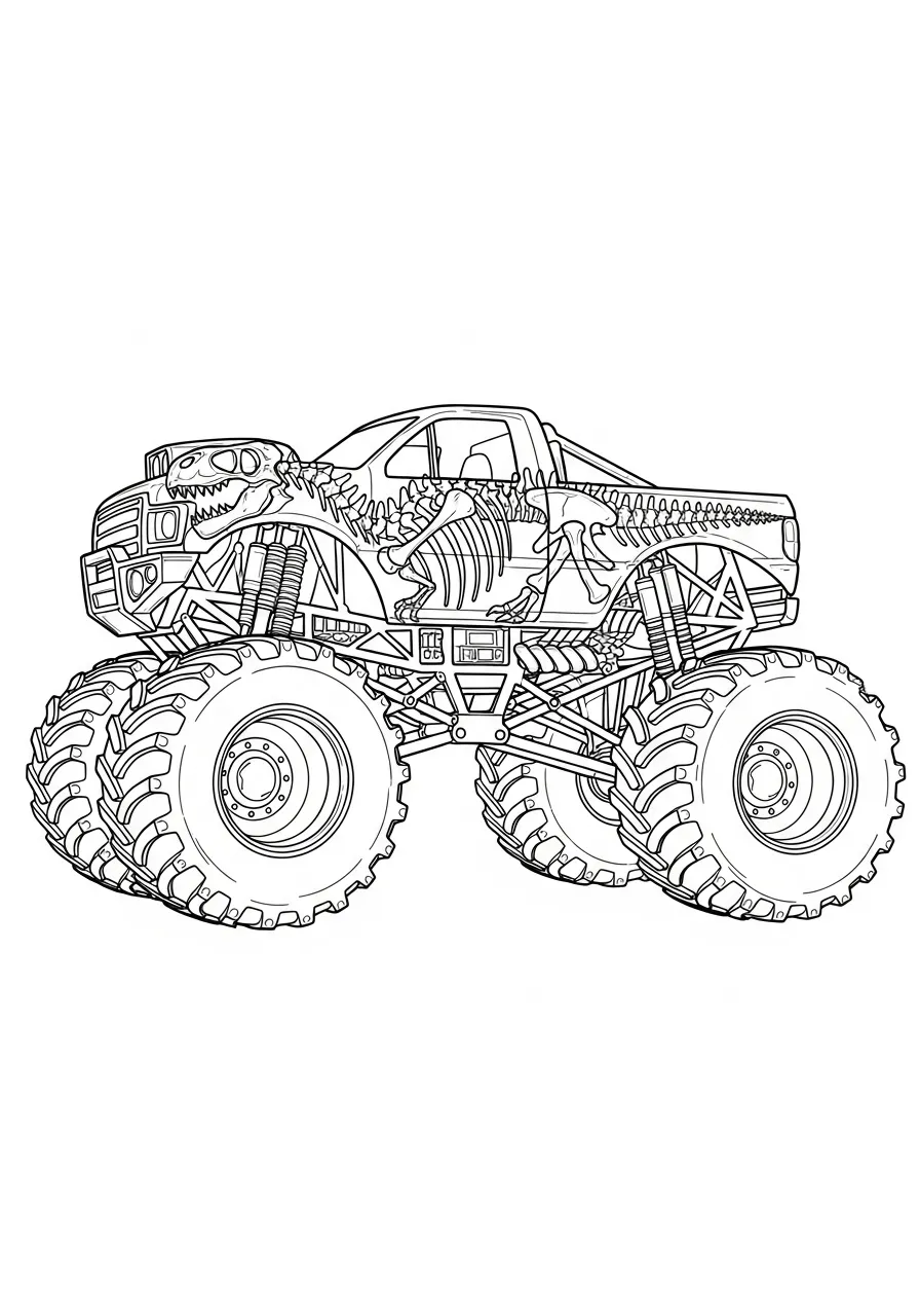 Monstertruck mit Dinosaurier-Skelett