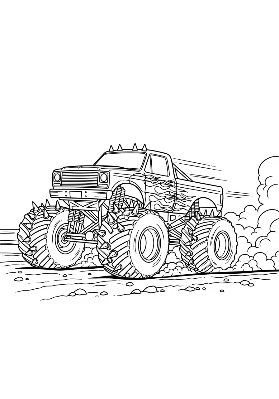 Monstertruck mit Stachelreifen und Flammen