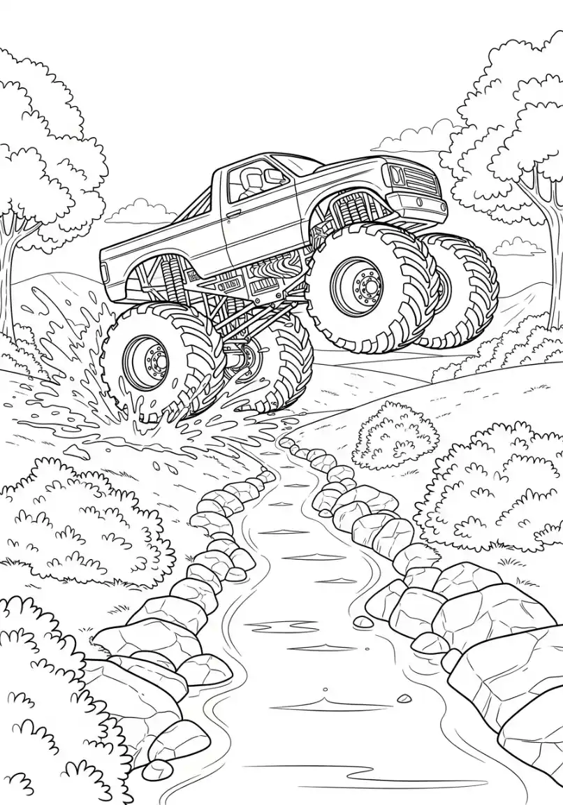 Monstertruck springt über einen Bach