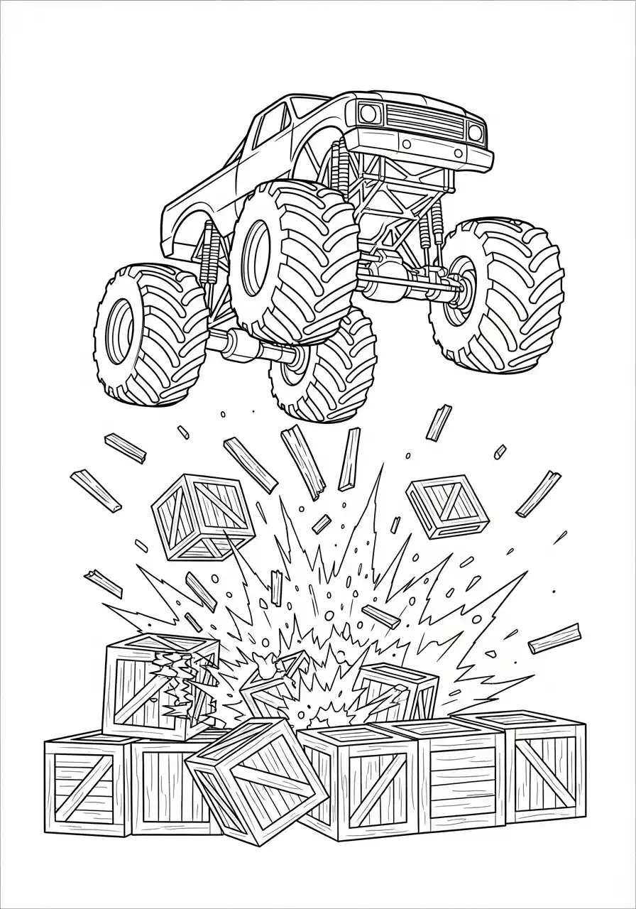 Monstertruck springt über Holzkisten