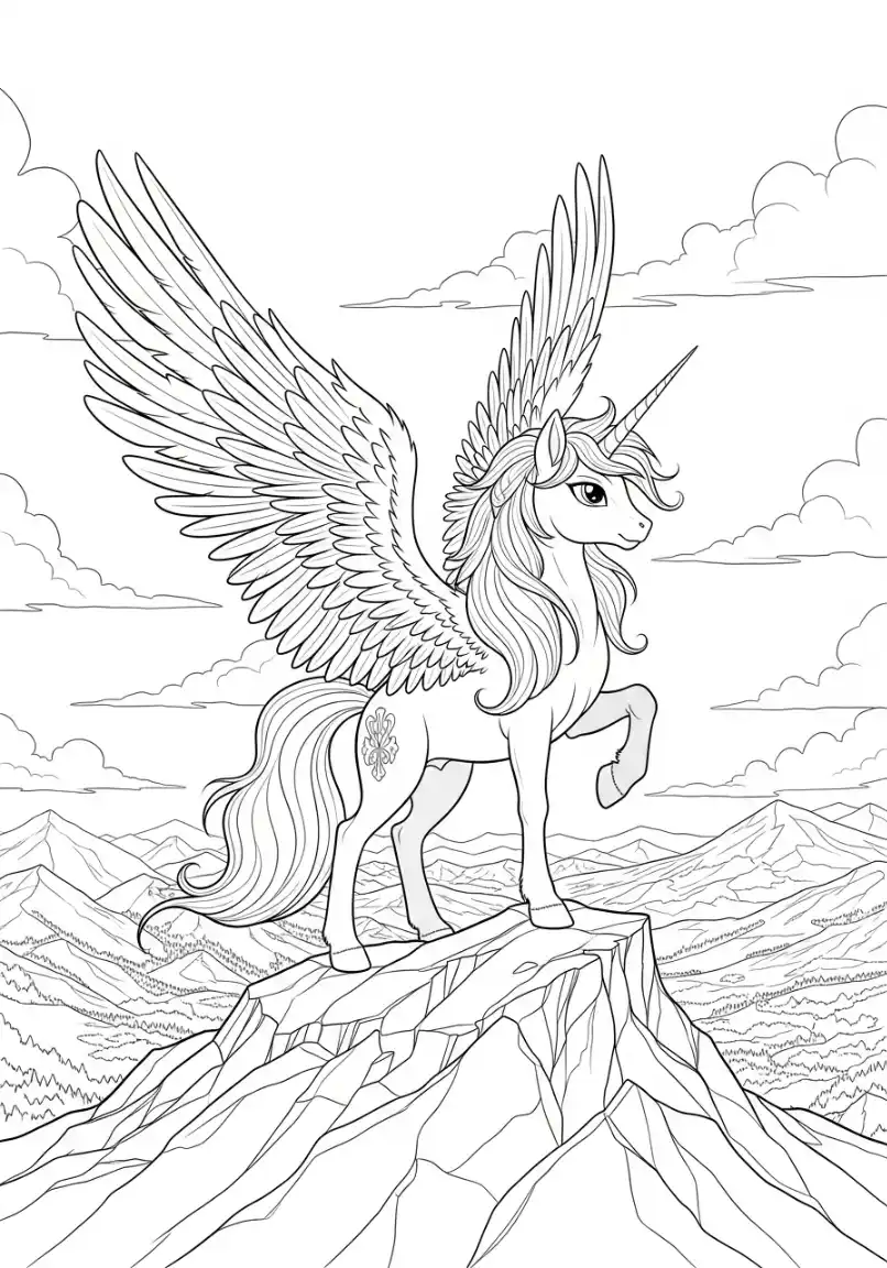 Fliegendes Einhorn auf dem Berggipfel