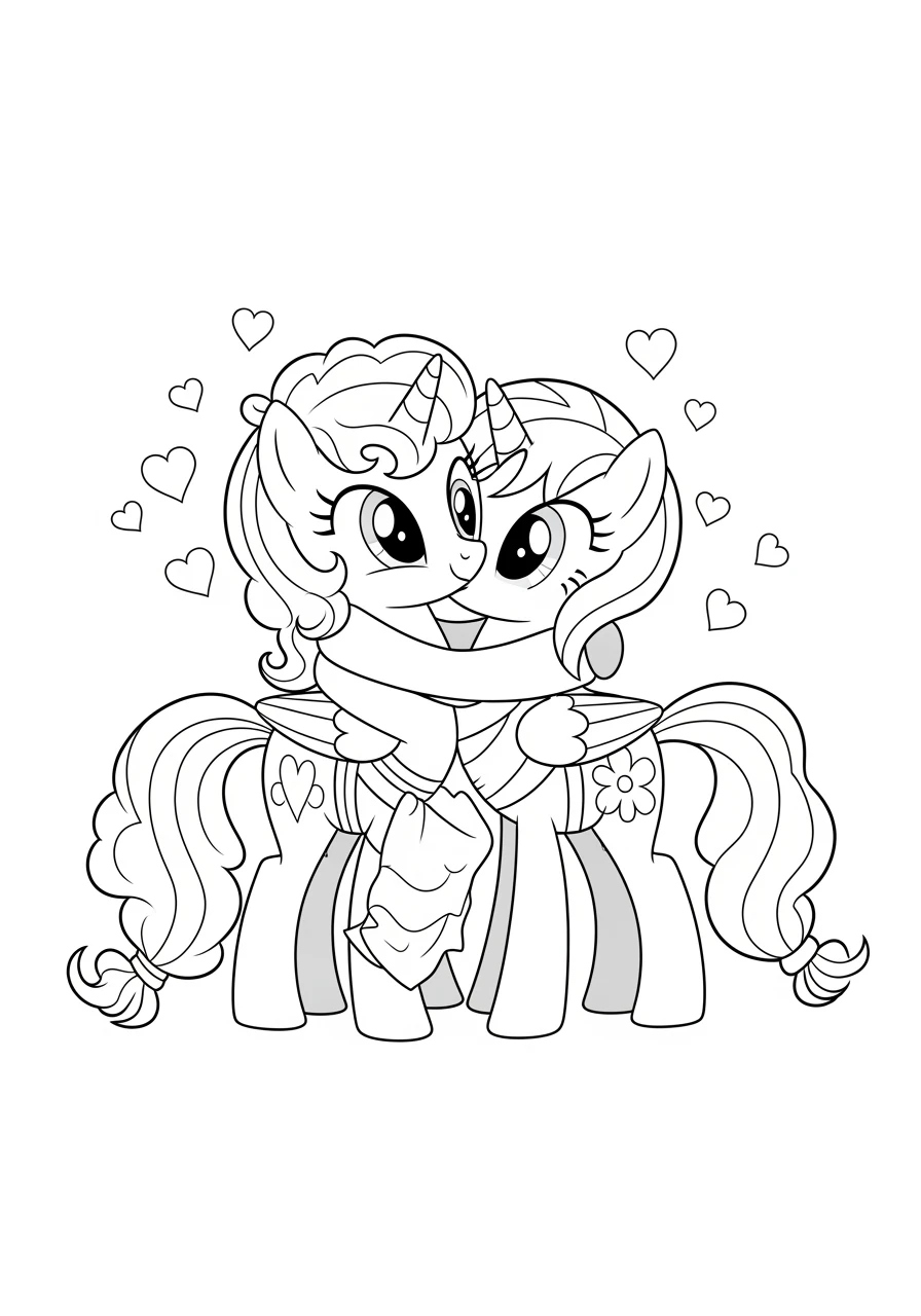 Kuschelnde Pony-Freunde mit Herzen