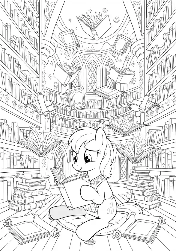 Lesendes Pony in magischer Bibliothek
