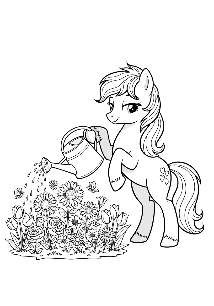 Pony-Gärtner gießt seine Blumen