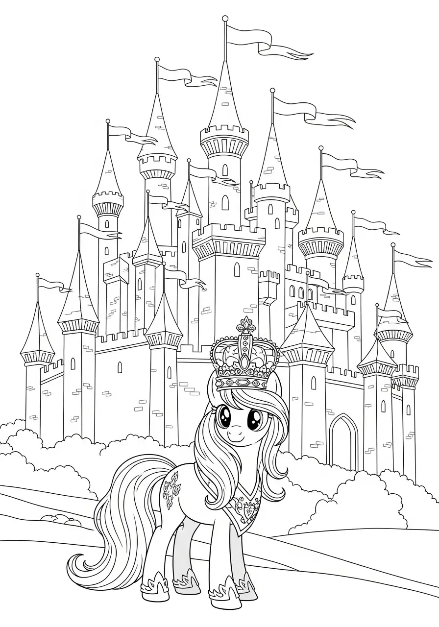 Pony mit Krone vor Schloss