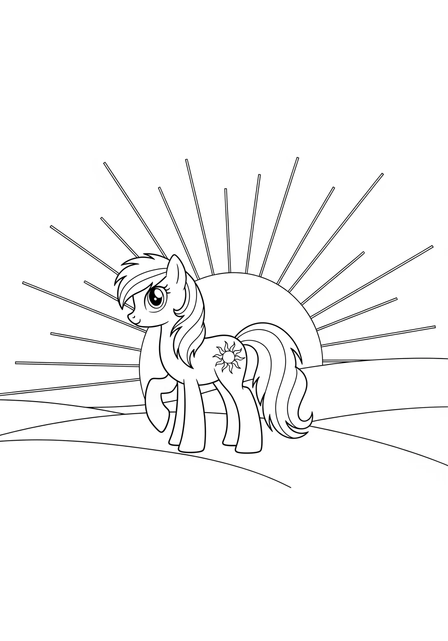 Pony mit Sonnensymbol bei Sonnenaufgang