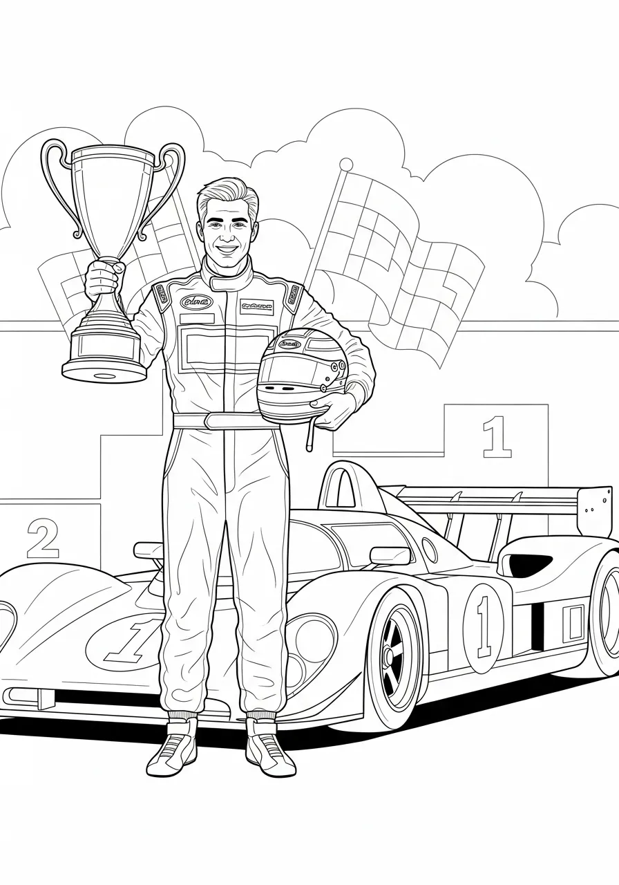 Rennfahrer mit Pokal am Rennwagen