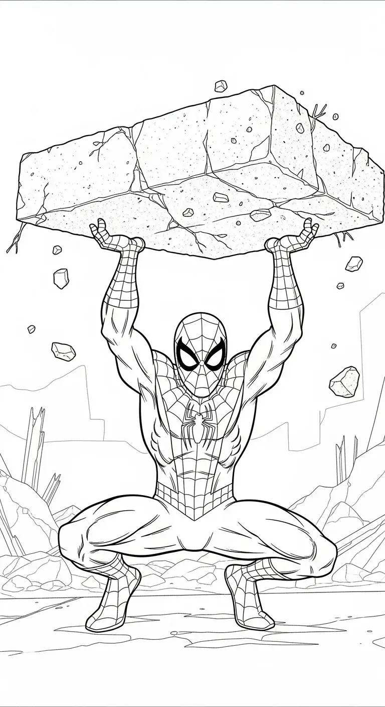 Spiderman hebt schweren Steinblock