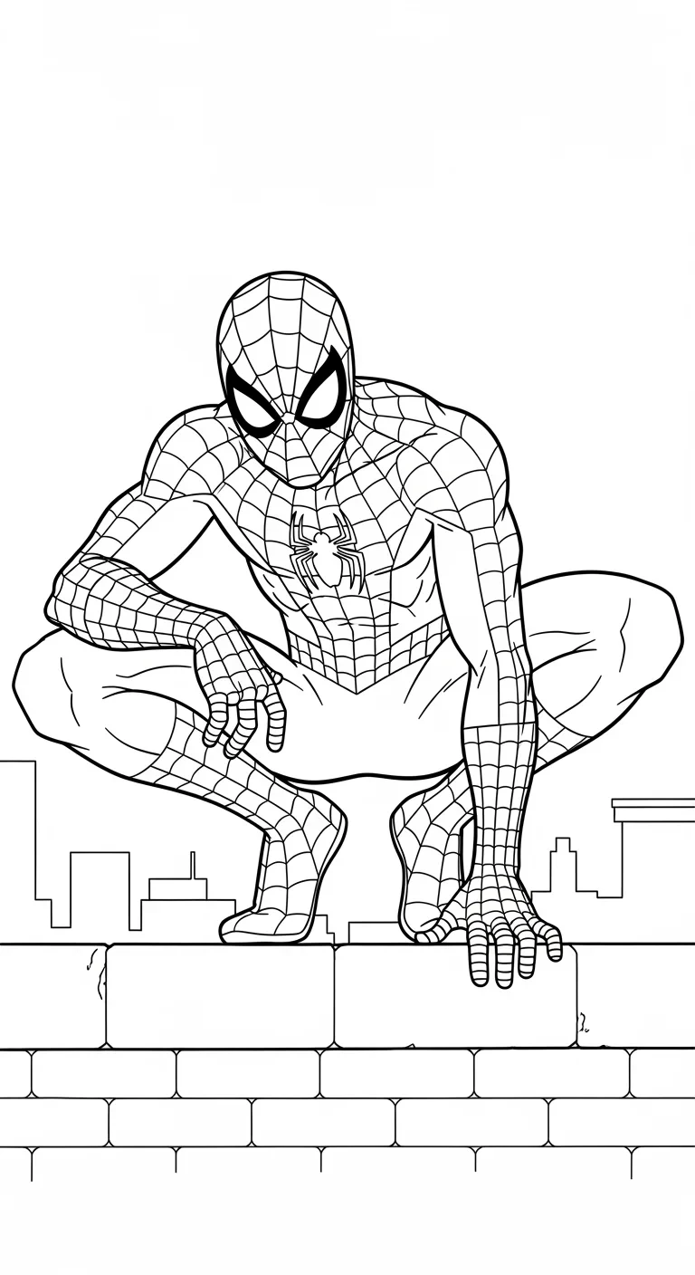 Spiderman hockt auf einer Mauer