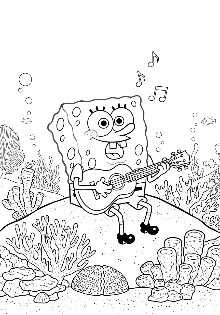 Spongebob spielt Ukulele auf Korallenriff
