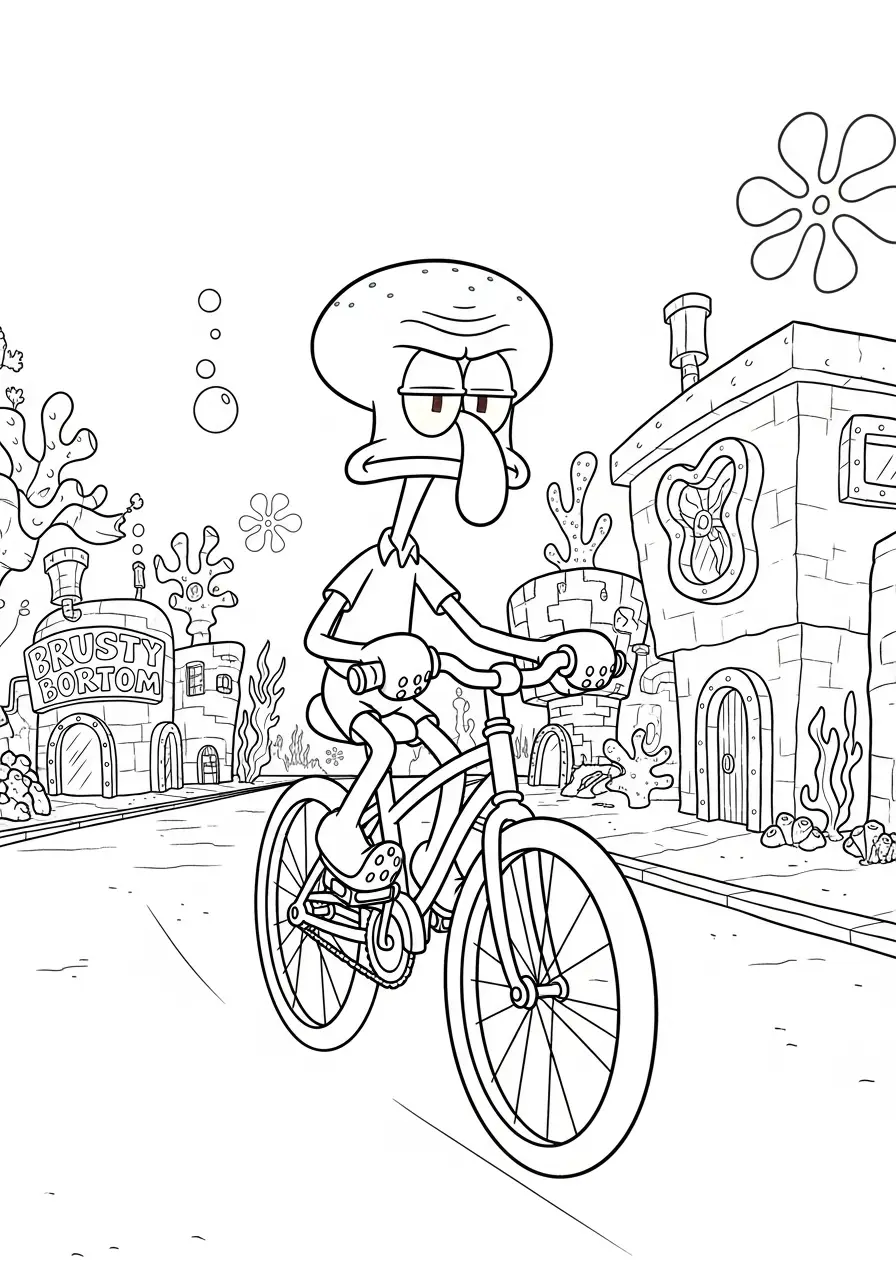 Thaddäus fährt griesgrämig Fahrrad