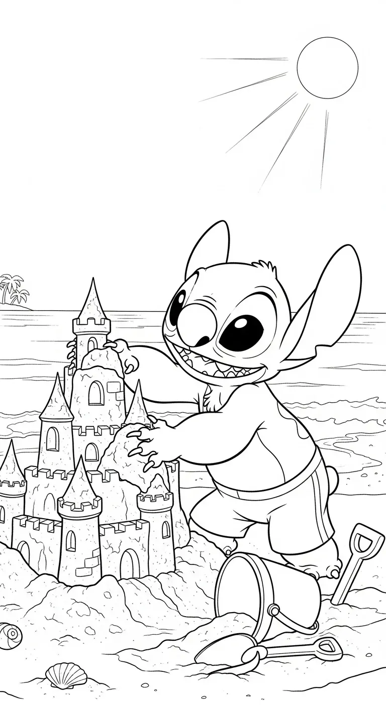 Stitch baut eine Sandburg
