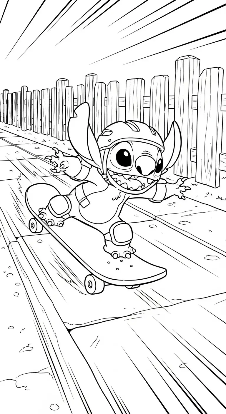 Stitch fährt rasant Skateboard