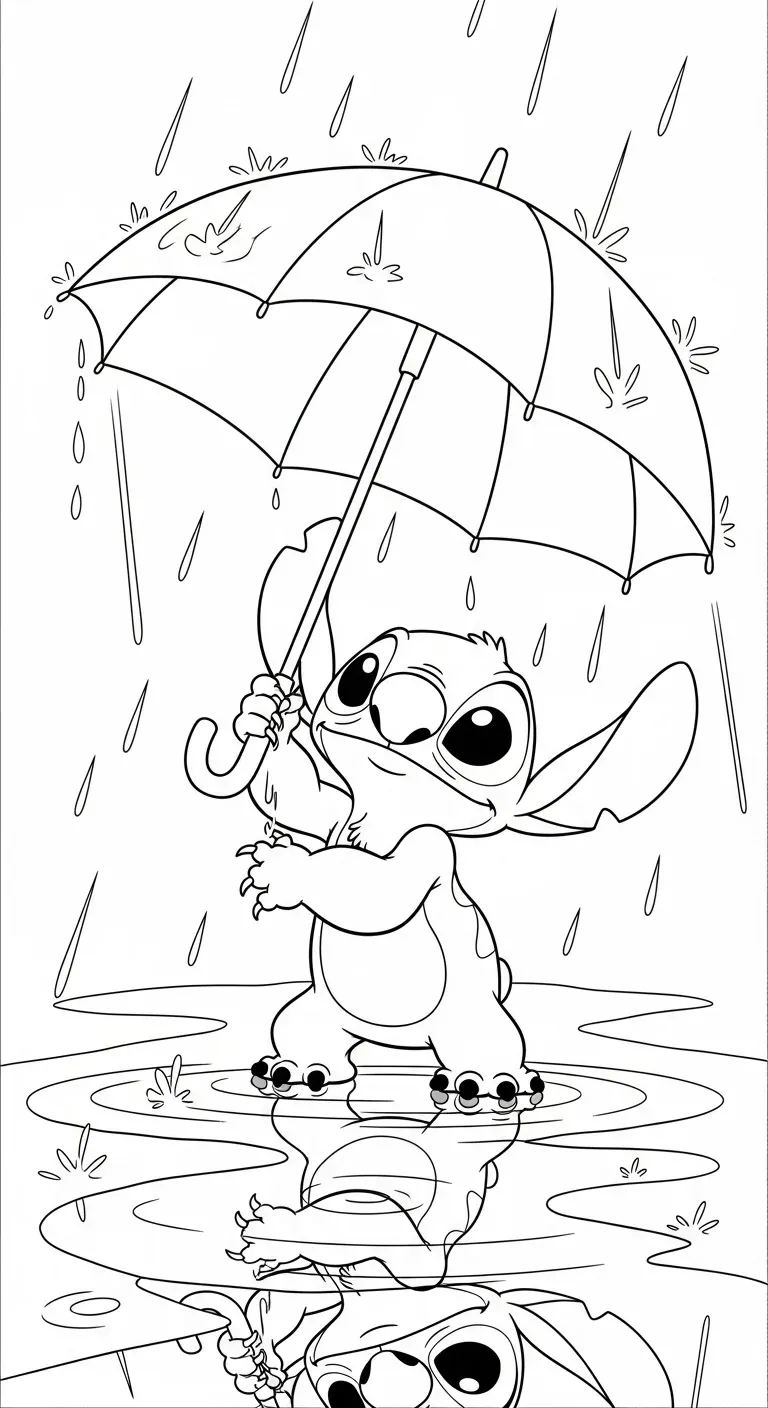 Stitch im Regen mit Regenschirm