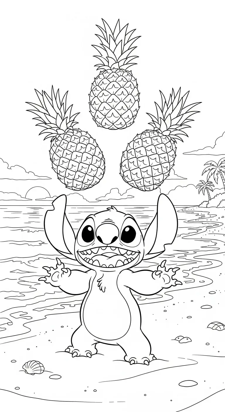Stitch mit Ananas am Strand