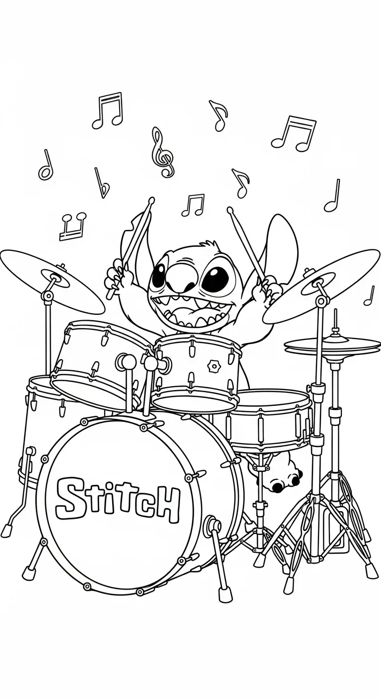 Stitch spielt Schlagzeug