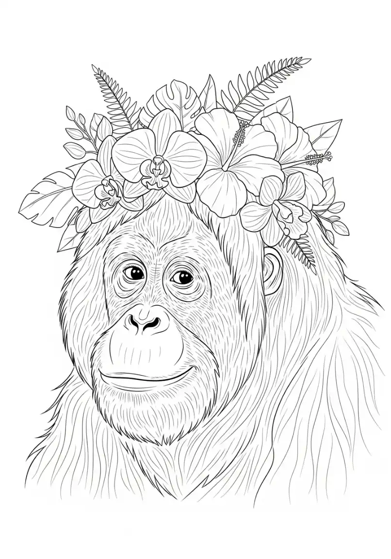 Affe Ausmalbild mit Blumenkrone