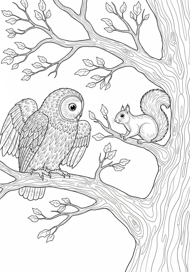 Eule und Eichhörnchen im Baum