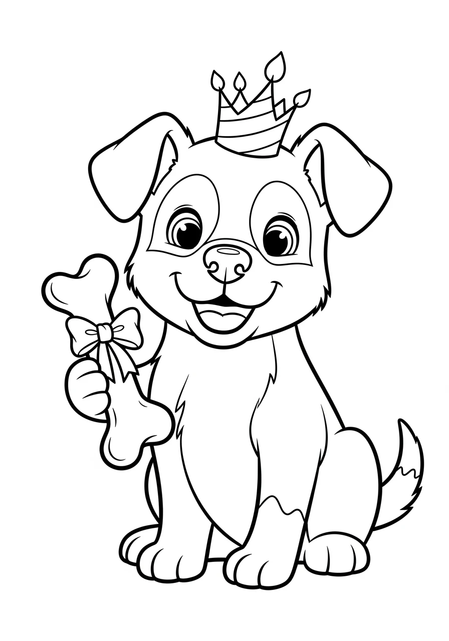Hund mit Geburtstagskrone und Knochen