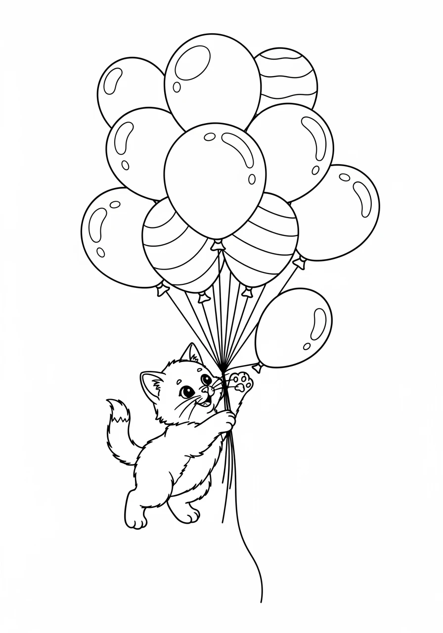 Kätzchen spielt mit vielen Luftballons