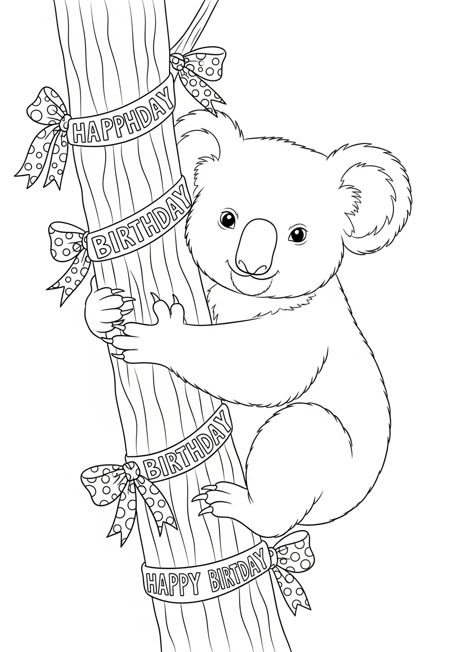 Koala am geschmückten Geburtstagsbaum