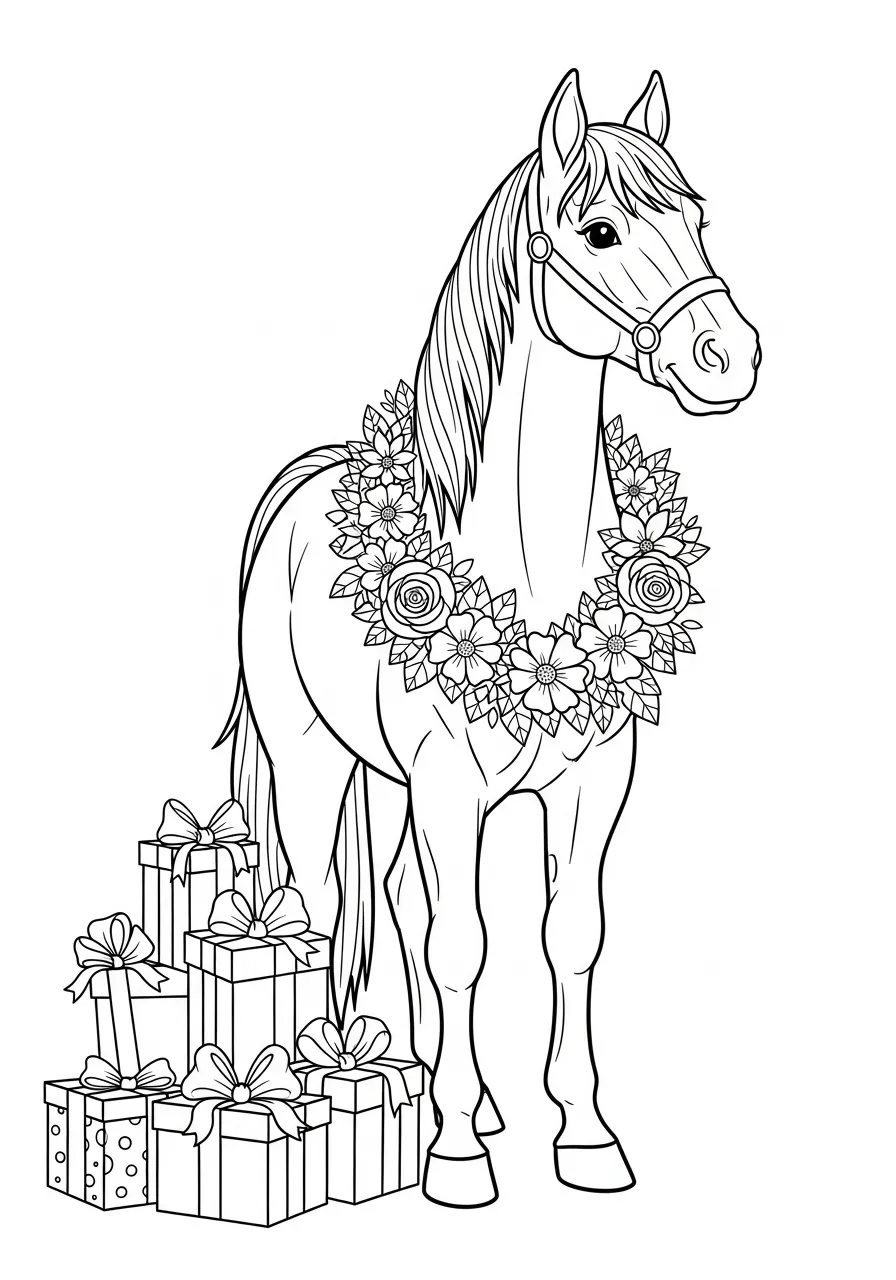 Pferd mit Blumenschmuck und Geschenken