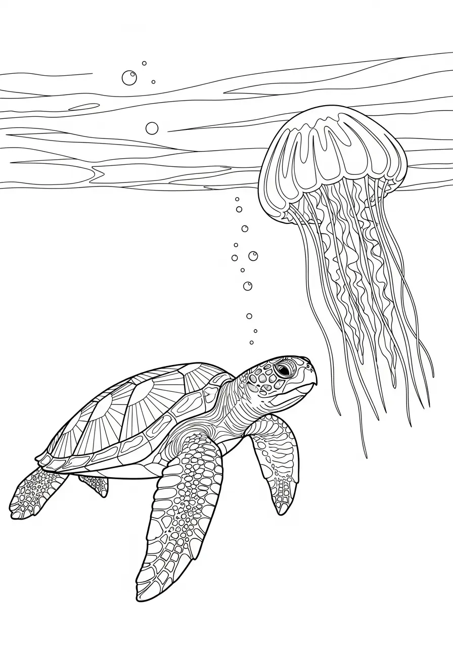 Schildkröte und Qualle im Meer