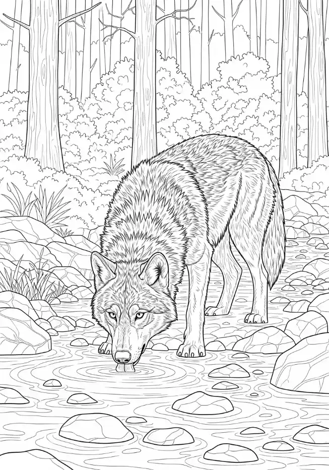 Durstiger Wolf am Waldbach