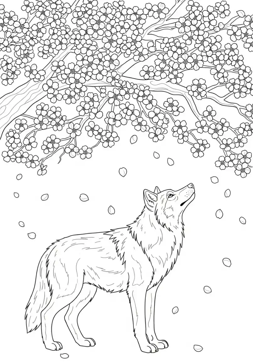 Ausmalbild Wolf im Frühling