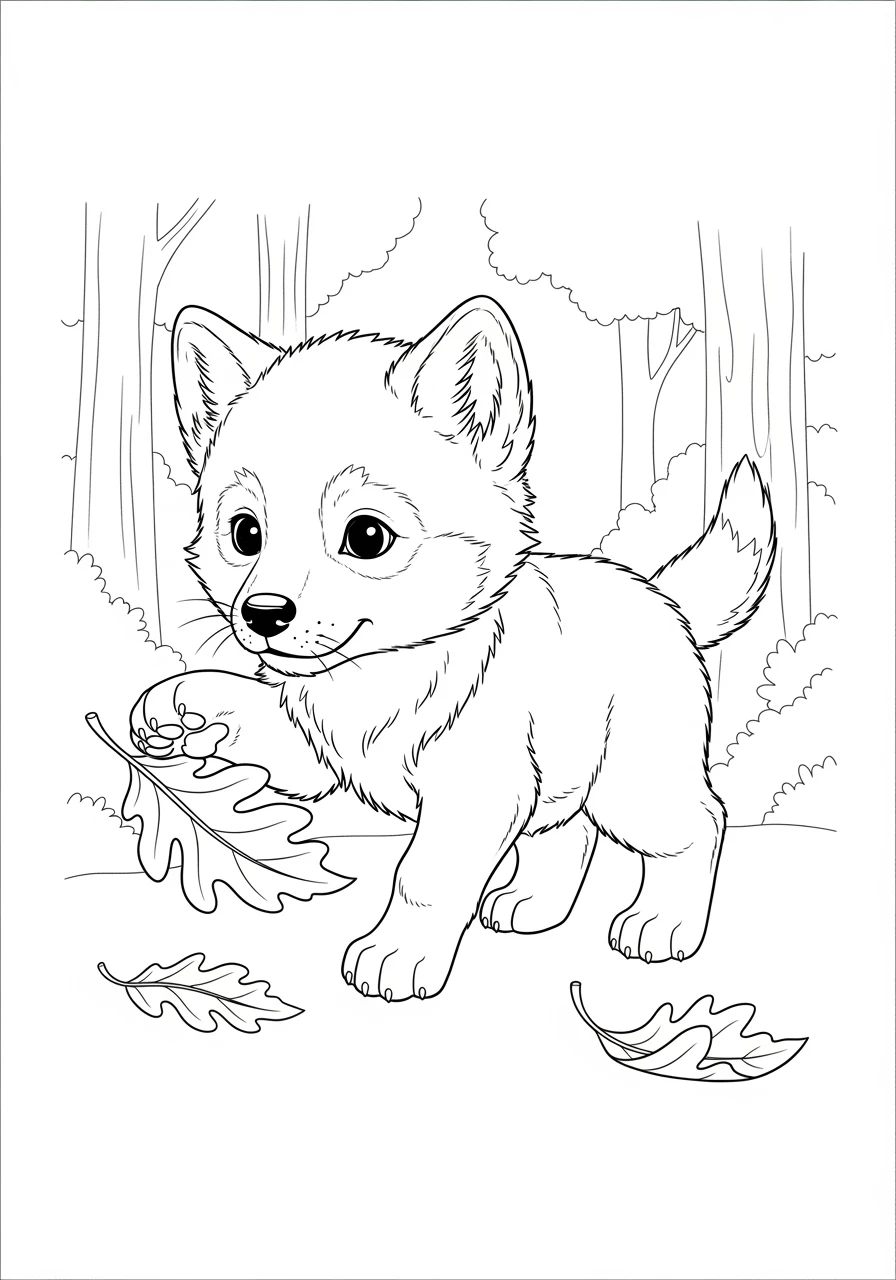 Ausmalbild Wolf im Herbstwald