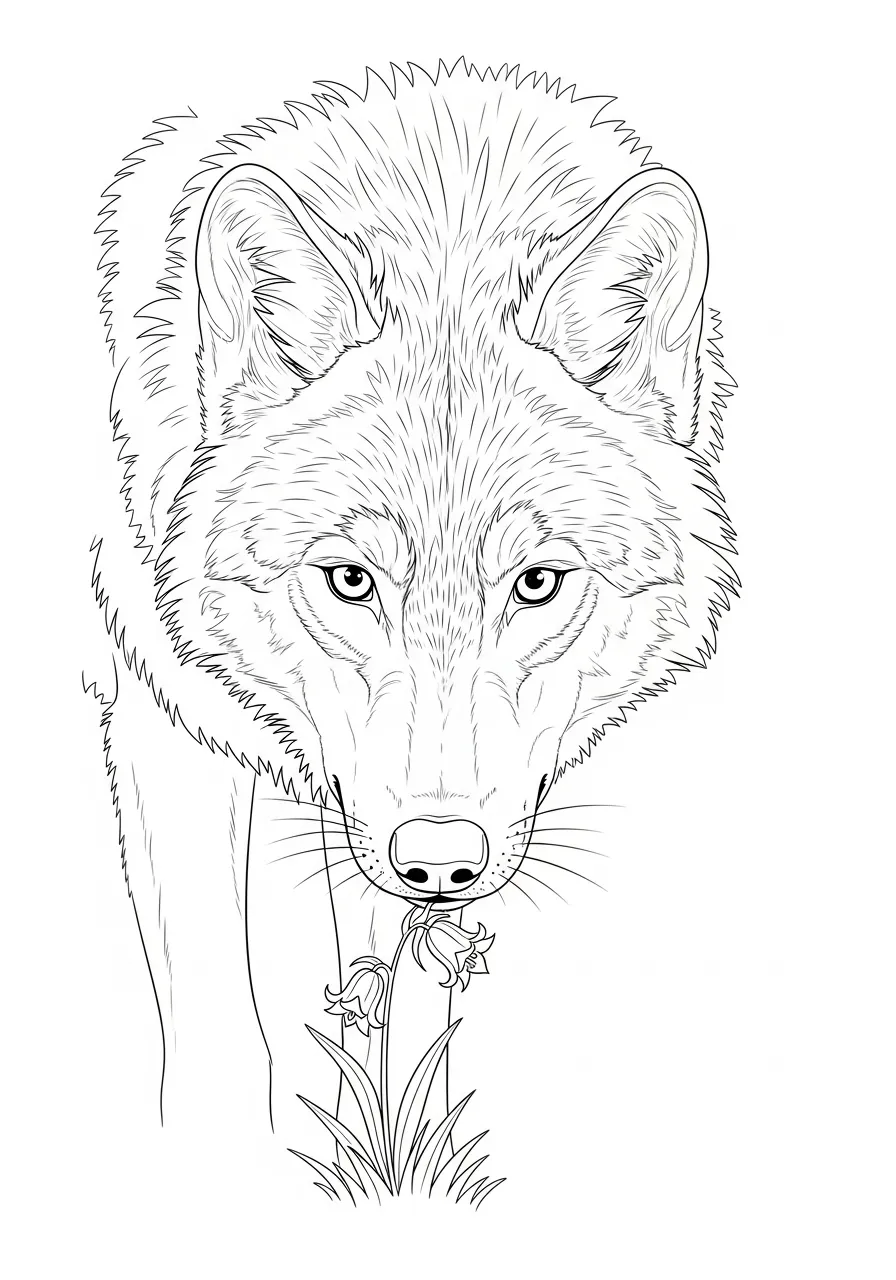 Wolf schnuppert an Glockenblume