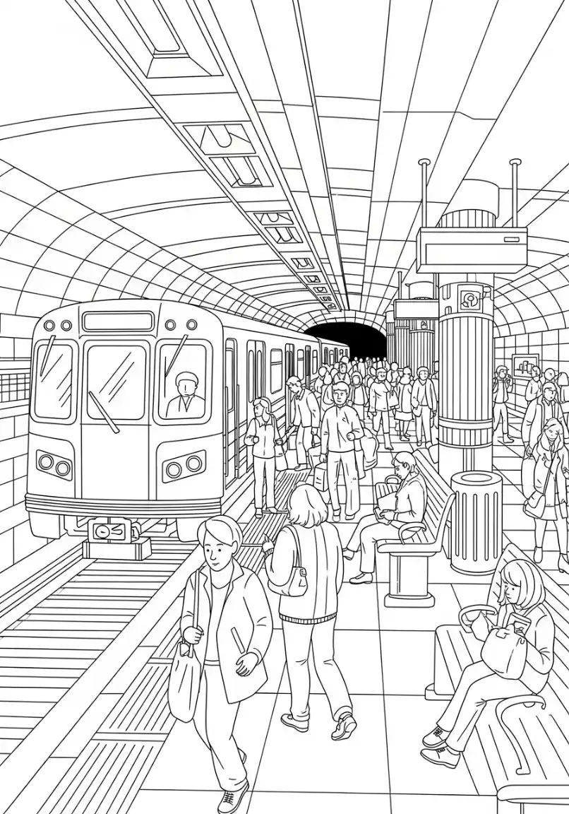 Zug im geschäftigen U-Bahnhof