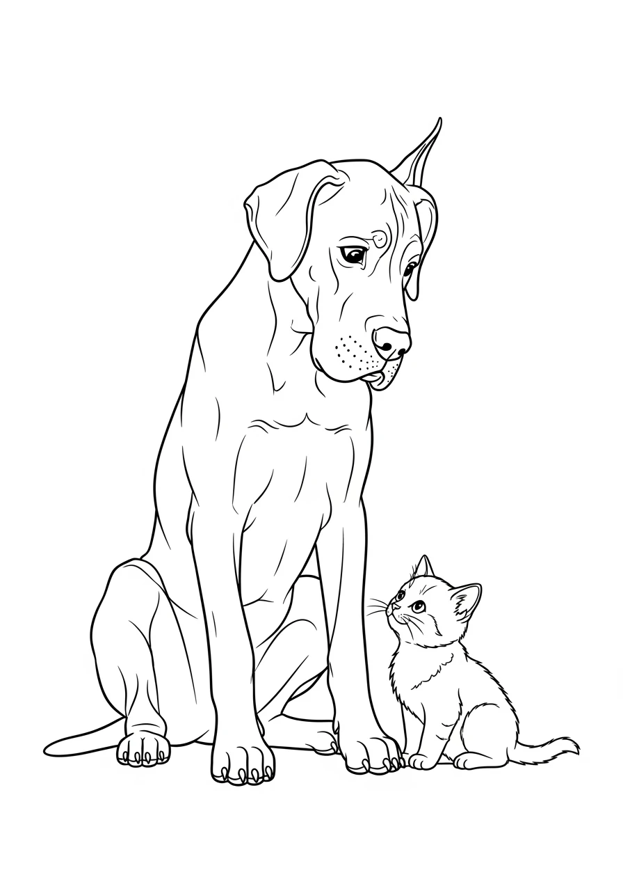 Dogge mit neugierigem Kätzchen