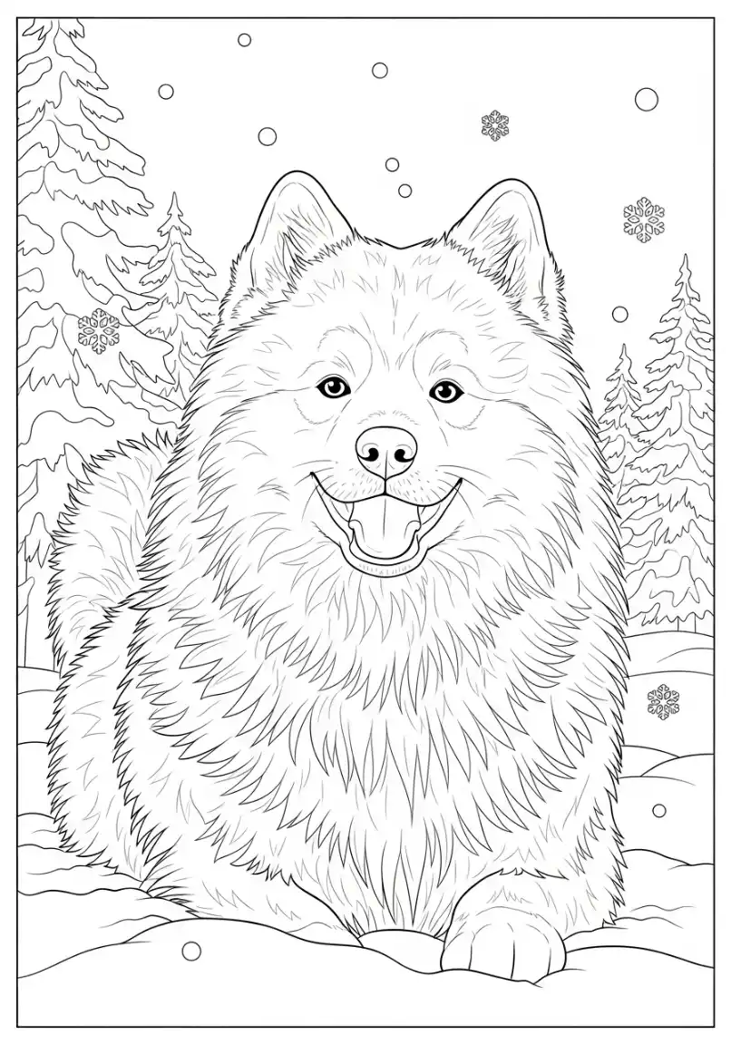 Flauschiger Samojede im Schnee