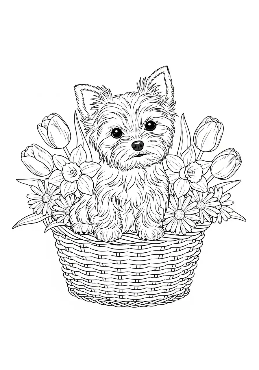 Yorkshire Terrier im Blumenkorb