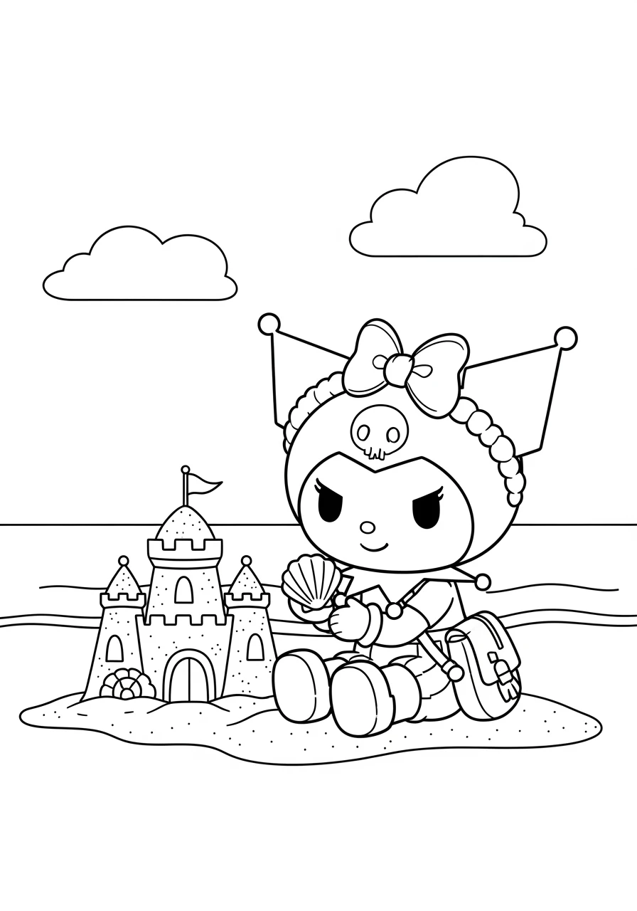 Kuromi am Strand mit Sandburg